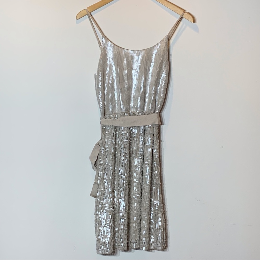 EUC Express Sequin Embellished Adjustable Spaghetti‎ Strap Cream and Tan Dress